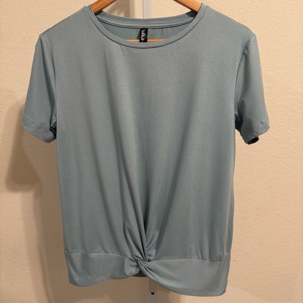 Lukka Lux Women's Size Medium Stretchy Blue Top with Sewn-In Knot-Front Waist